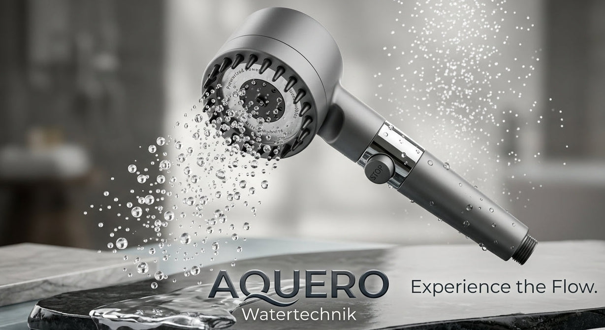 A silver handheld shower head spraying water onto a stone surface in a bathroom setting, with the text 'AQUERO Watertechnik' and 'Experience the Flow.' overlaid on the image.
